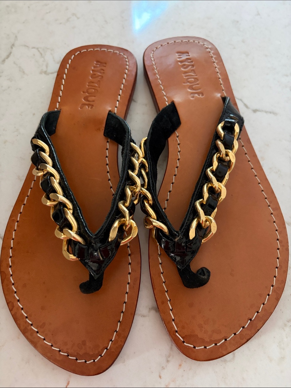 Mystique Black Leather Thong Sandals with Gold Chain